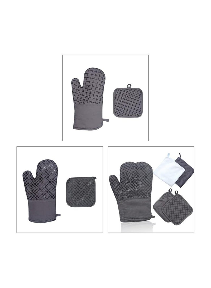 Oven Mitts and Pot Holders Sets, 550°F High Heat Resistant Oven Mitts with Kitchen Towels Thick Cotton Oven Gloves with Non-Slip Silicone for Cooking and Baking (6Pcs, Dark Gray Small Grid) - Image 3