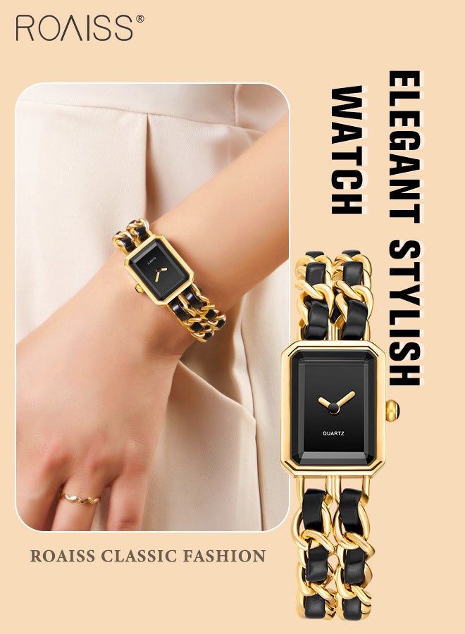 roaiss Women's Chain Braided Strap Quartz Watch Analog Display Rectangle Dial Waterproof Elegant Wristwatch as Gift for Ladies, Black Gold - Image 1