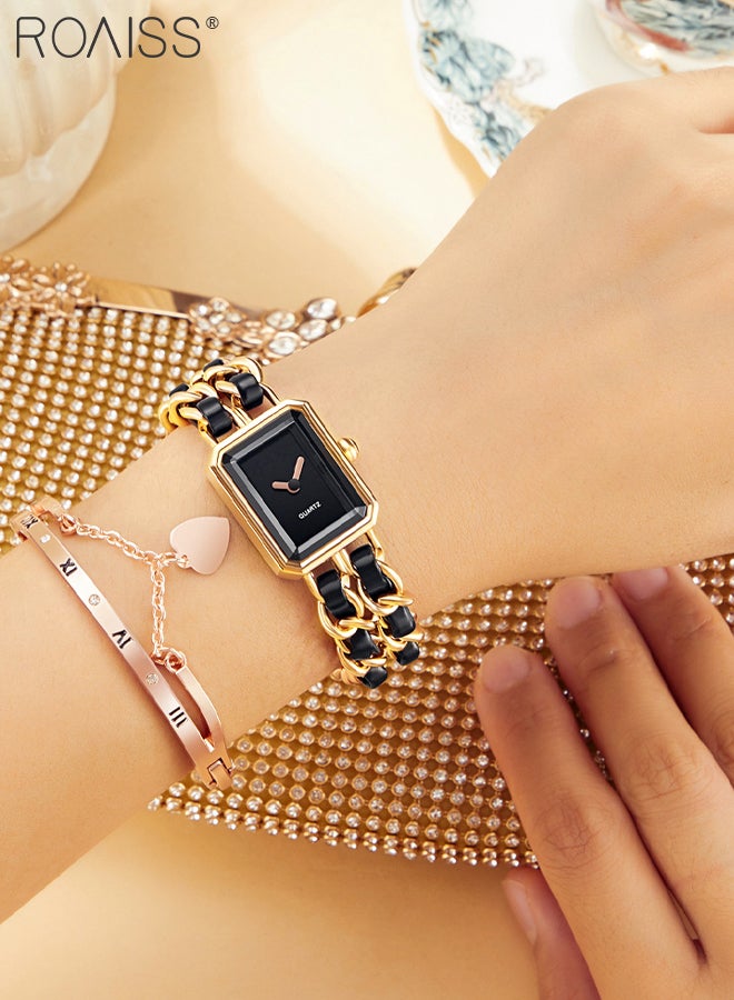 roaiss Women's Chain Braided Strap Quartz Watch Analog Display Rectangle Dial Waterproof Elegant Wristwatch as Gift for Ladies, Black Gold - Image 2