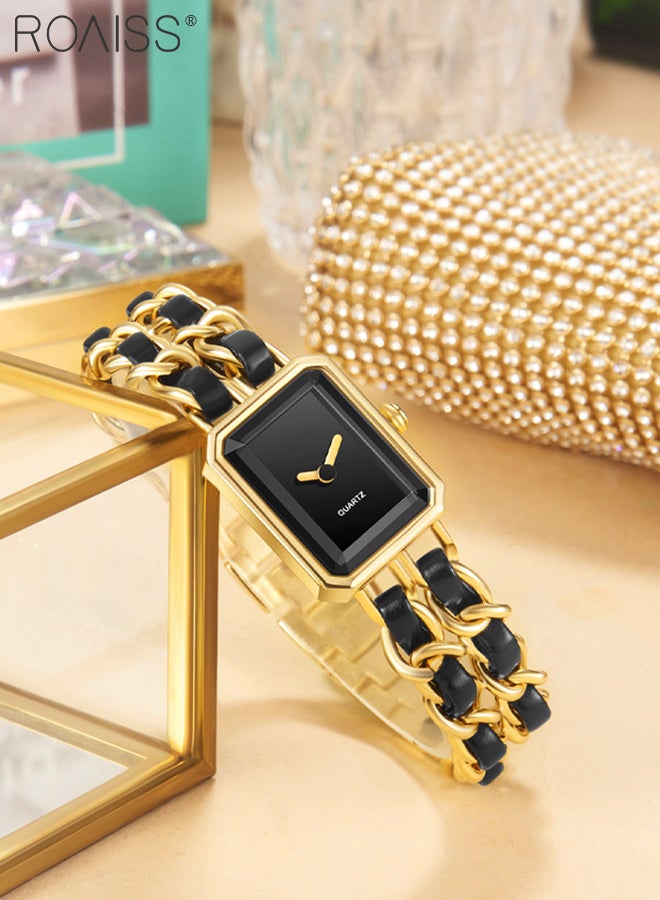 roaiss Women's Chain Braided Strap Quartz Watch Analog Display Rectangle Dial Waterproof Elegant Wristwatch as Gift for Ladies, Black Gold - Image 3