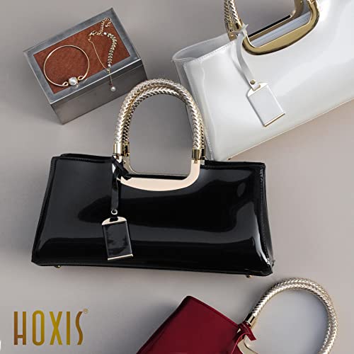 HOXIS Glossy Faux Patent Leather Structured Shoulder Handbag Women Evening Party Satchel (Black) Medium - Image 5