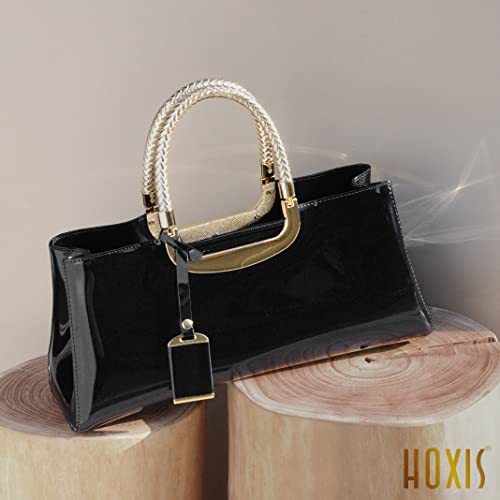 HOXIS Glossy Faux Patent Leather Structured Shoulder Handbag Women Evening Party Satchel (Black) Medium - Image 2