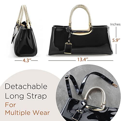 HOXIS Glossy Faux Patent Leather Structured Shoulder Handbag Women Evening Party Satchel (Black) Medium - Image 3