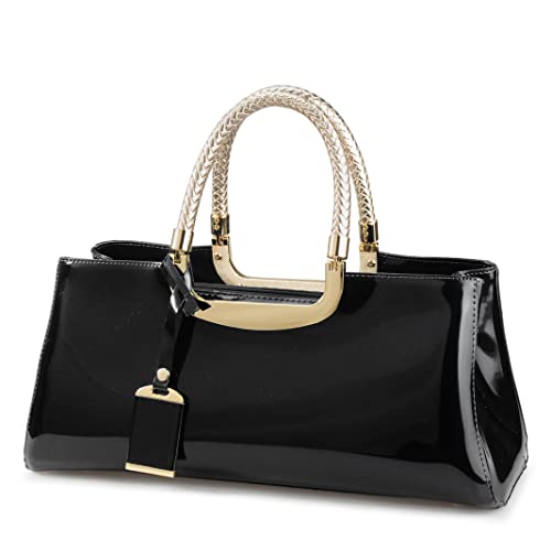 HOXIS Glossy Faux Patent Leather Structured Shoulder Handbag Women Evening Party Satchel (Black) Medium - Image 1