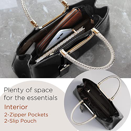 HOXIS Glossy Faux Patent Leather Structured Shoulder Handbag Women Evening Party Satchel (Black) Medium - Image 4