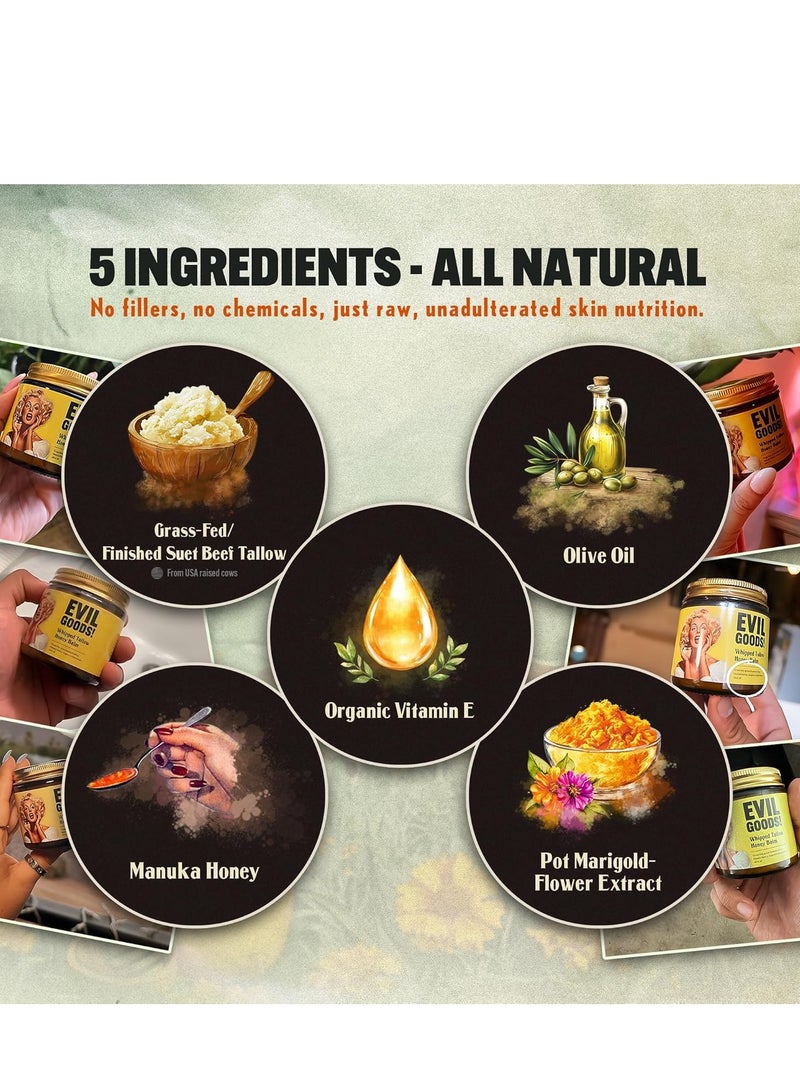 Whipped Beef Tallow and Honey Balm, 4.23 fl.oz, Unscented, Grass Fed Grass Finished Face Cream, Body Lotion, and Lip Balm