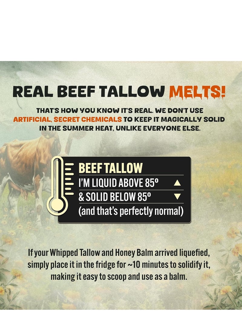 Whipped Beef Tallow and Honey Balm, 4.23 fl.oz, Unscented, Grass Fed Grass Finished Face Cream, Body Lotion, and Lip Balm