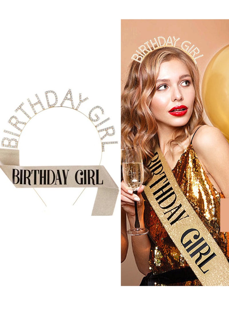 1 Set Birthday Girl Headband and Sash, Glitter Rhinestone Tiara Happy Birthday Crown Decorations  for Women Girls  - Image 1