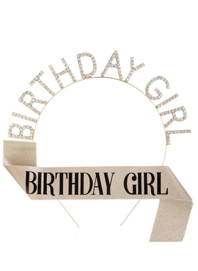 1 Set Birthday Girl Headband and Sash, Glitter Rhinestone Tiara Happy Birthday Crown Decorations  for Women Girls  - Image 2