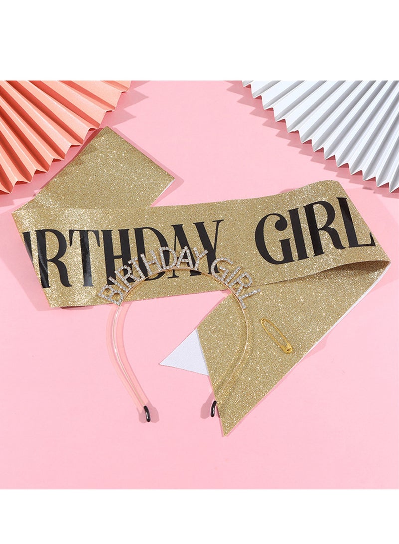 1 Set Birthday Girl Headband and Sash, Glitter Rhinestone Tiara Happy Birthday Crown Decorations  for Women Girls  - Image 3