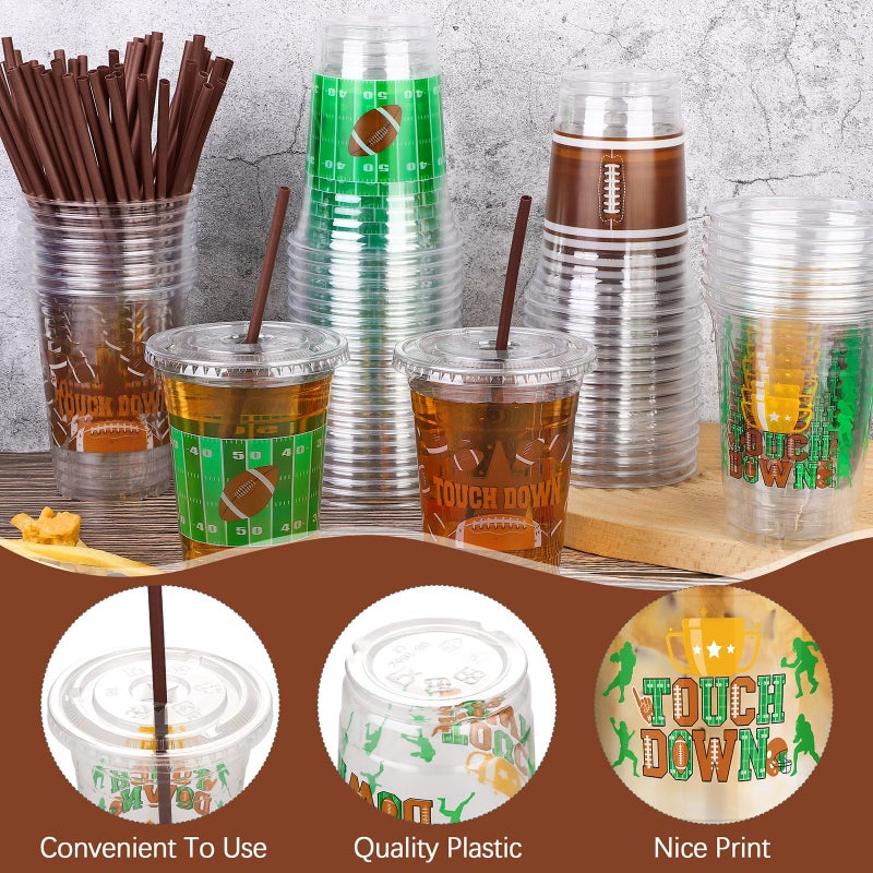 Kochorie 60 Sets 16oz Football Party Plastic Cups with Lids and Straws Football Party Favors Drinking Cups for Game Day Sports Themed Dinnerware Decoration - Image 4