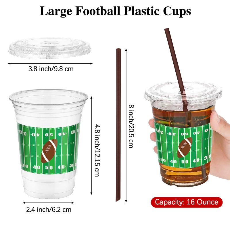 Kochorie 60 Sets 16oz Football Party Plastic Cups with Lids and Straws Football Party Favors Drinking Cups for Game Day Sports Themed Dinnerware Decoration - Image 2
