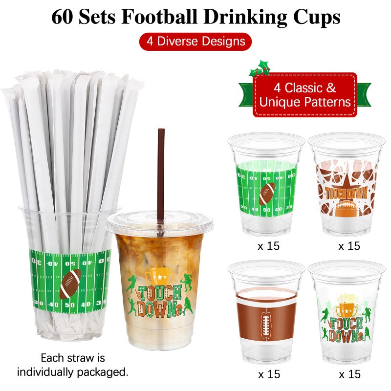 Kochorie 60 Sets 16oz Football Party Plastic Cups with Lids and Straws Football Party Favors Drinking Cups for Game Day Sports Themed Dinnerware Decoration - Image 3