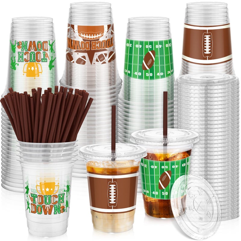 Kochorie 60 Sets 16oz Football Party Plastic Cups with Lids and Straws Football Party Favors Drinking Cups for Game Day Sports Themed Dinnerware Decoration - Image 1