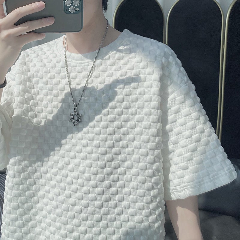 Men's White Checkered Texture Short Sleeve T-Shirt, Polyester Crew Neck Loose Fit Top - Image 1