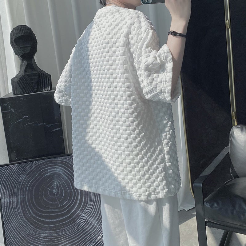 Men's White Checkered Texture Short Sleeve T-Shirt, Polyester Crew Neck Loose Fit Top - Image 3