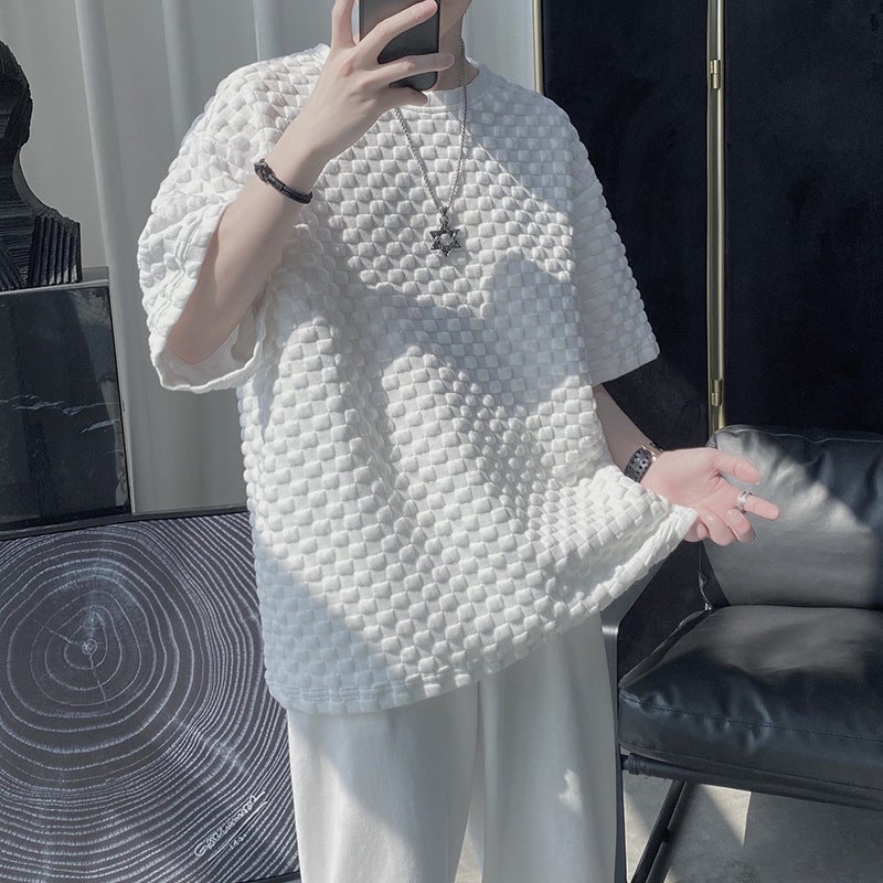 Men's White Checkered Texture Short Sleeve T-Shirt, Polyester Crew Neck Loose Fit Top - Image 2