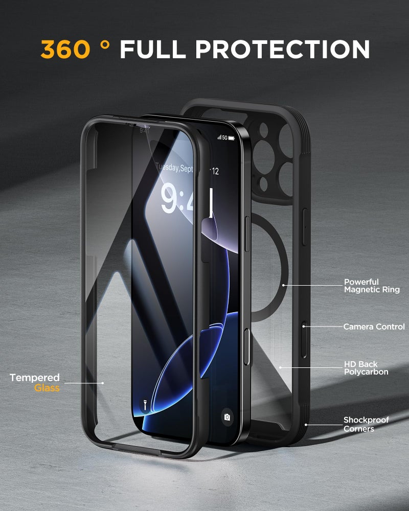 Miracase Magnetic for iPhone 16 Pro Case Full-Body Phone with Built-in Glass Screen Protector, [Compatible with MagSafe] Military Drop Proof 16 Pro Cover Bumper 6.3 inch, Black - Image 2