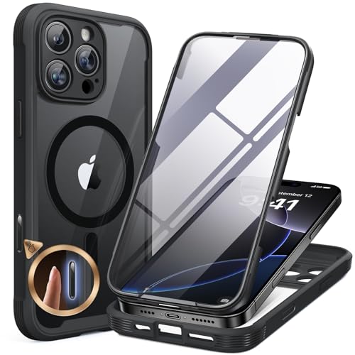 Miracase Magnetic for iPhone 16 Pro Case Full-Body Phone with Built-in Glass Screen Protector, [Compatible with MagSafe] Military Drop Proof 16 Pro Cover Bumper 6.3 inch, Black - Image 1