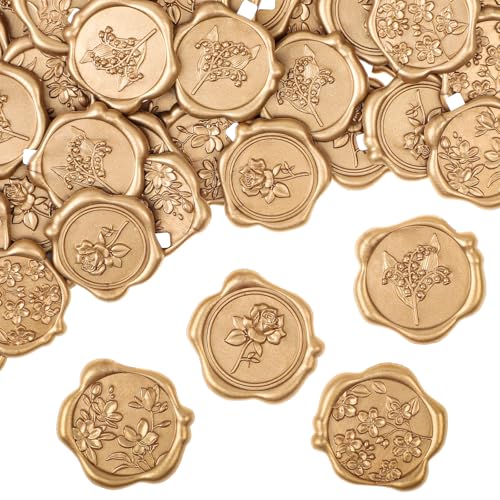 WSICSE 60Pcs Wax Seal Stickers Wedding Invitation Envelope Seal Stickers Adhesive Backed Light Gold for Wedding PartyGraduationMothers DayGift Wrapping 4 Flower Styles - Image 1