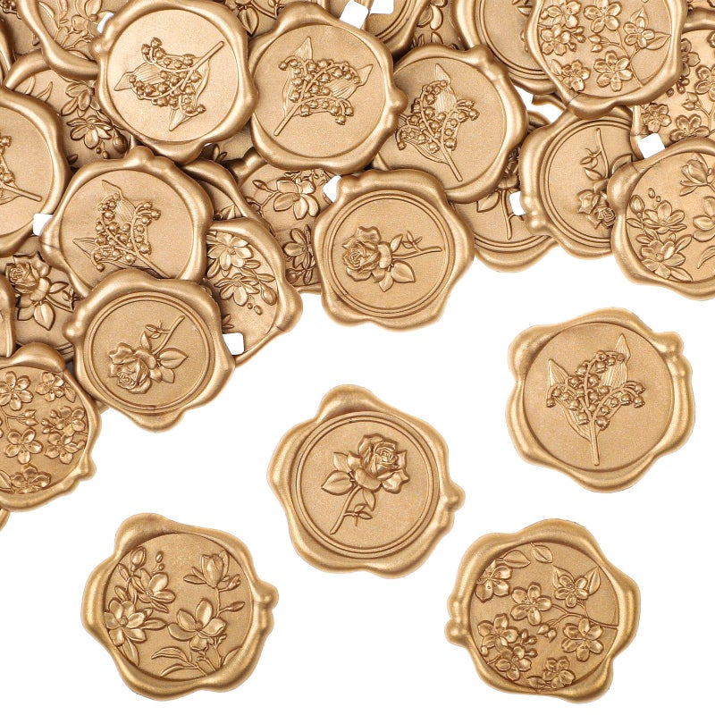 WSICSE 60Pcs Wax Seal Stickers Wedding Invitation Envelope Seal Stickers Adhesive Backed Light Gold for Wedding PartyGraduationMothers DayGift Wrapping 4 Flower Styles - Image 3