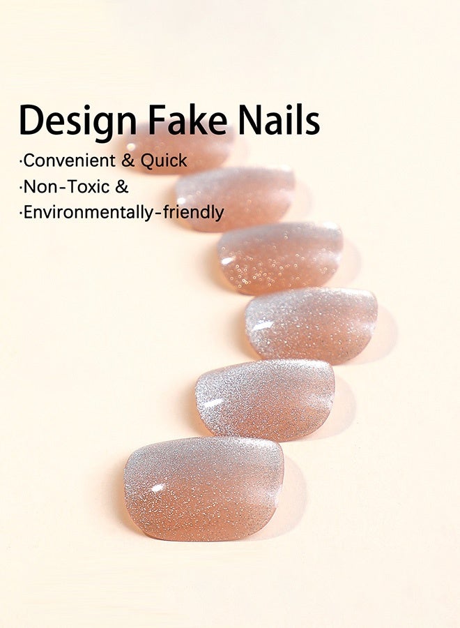 سينران 24pcs لطيف النمط قصيرة الصحافة على الأظافر | الجليد شفاف الوردي عيون القط | اليدوية التبييض تدرج الأظافر المزيفة للنساء - Image 4