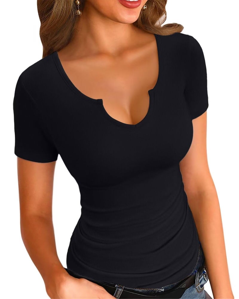 VICHYIE T Shirts for Women Summer Short Sleeves V Neck Slim Fitted Basic Casual Tops Solid Color Blouses Shirt Tee Black M - Image 2