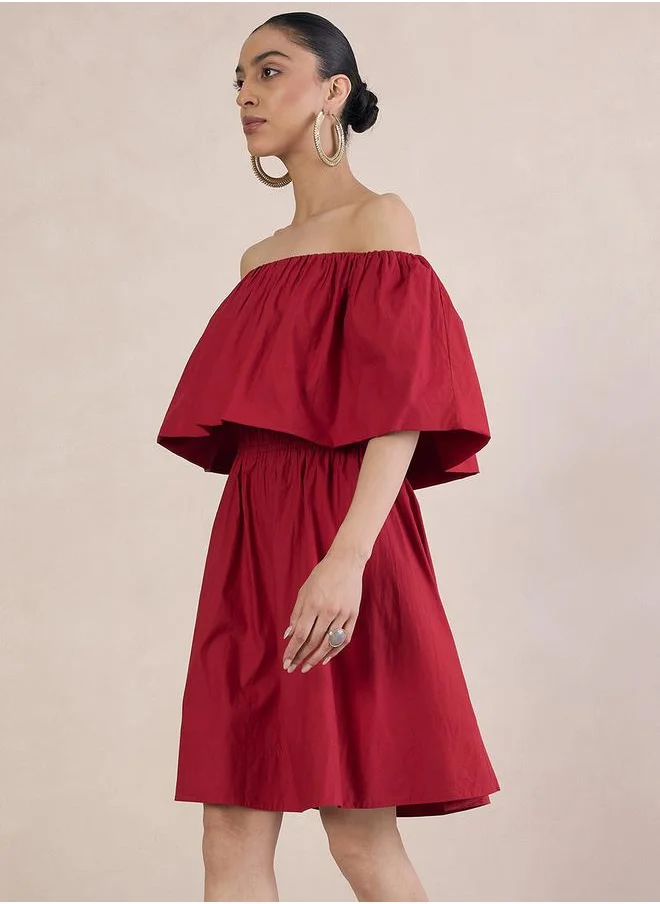 Femmella Poplin Off Shoulder Neck A-Line Mini Dress