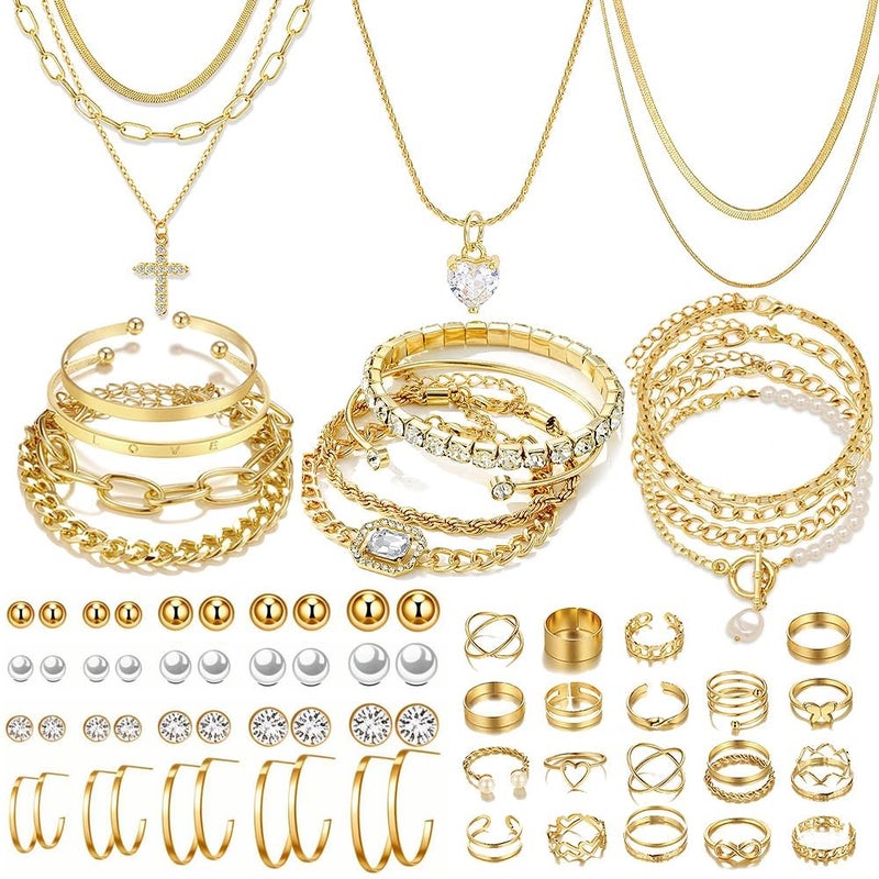 IFNODO 57pcs Gold Jewelry Set With 3 PCS Necklace, 12 PCS Bracelet,20pcs Hoop Stud Earrings,22pcs rings set For Women For Birthday Gifts (gold color-57) - Image 1