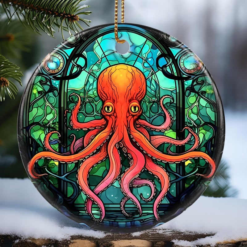 Touber Christmas Ornament, Christmas Decoration, Holiday Present Idea, Heirloom Keepsake, Round Ceramic, Gift Exchange, Gift Idea, Octopus - Image 1