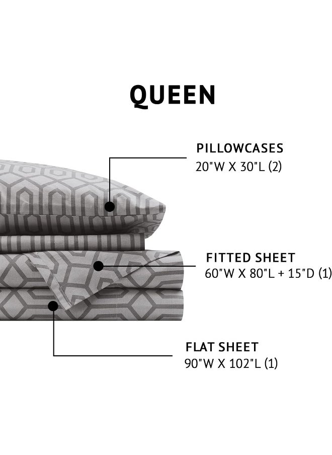 Comfort Spaces - Comfort Spaces 144TC Cotton Sheet Set Breathable, Lightweight, Soft with Elastic Deep Pocket, Modern All Season Cozy Bedding, Matching Pillow Case, Queen, Diamond Sliver 4 Piece - Image 1