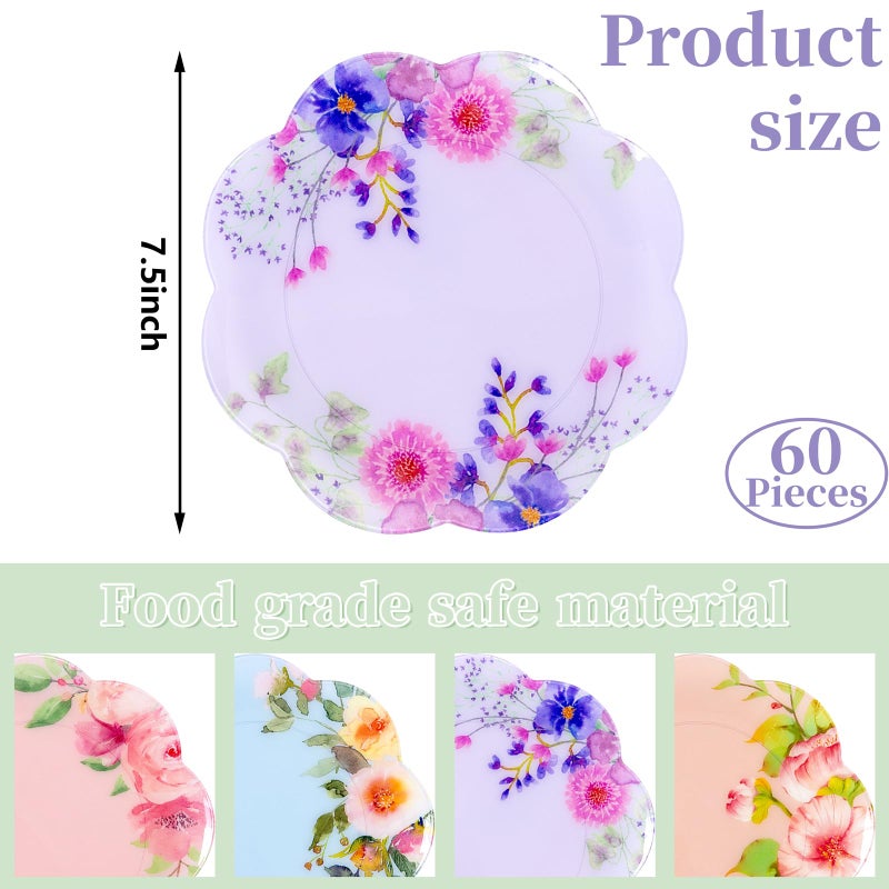 Joyido 60Pcs Floral Plastic Plates - 7.5inch Dessert Plate Disposable - Heavy Duty Tea Party Plates - Premium Flower Plate Decorations for Birthday Baby Shower Wedding Party Supplies - Image 2