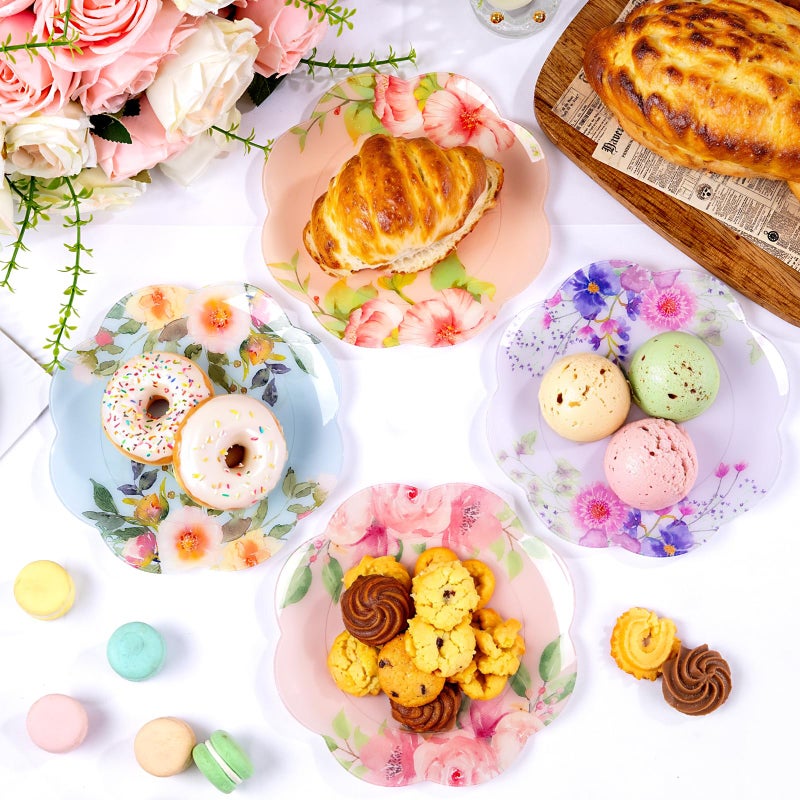 Joyido 60Pcs Floral Plastic Plates - 7.5inch Dessert Plate Disposable - Heavy Duty Tea Party Plates - Premium Flower Plate Decorations for Birthday Baby Shower Wedding Party Supplies - Image 4