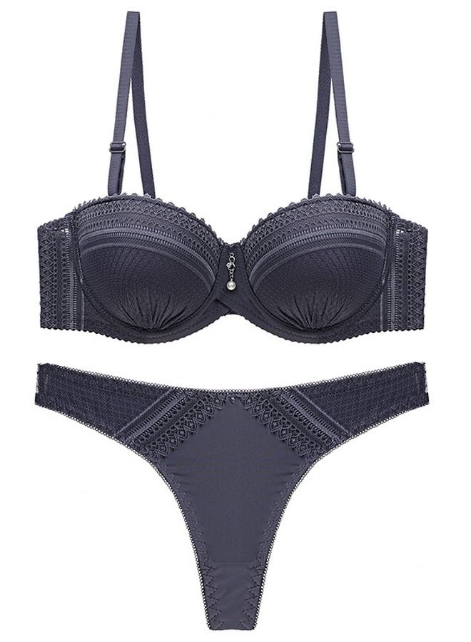Loquat Solid Color B C Cup Thin Cup Lace Bra Panty Set Grey 