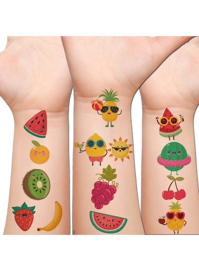 Hohamn Glitter Fruit Temporary Tattoos for Kids - 100+ Cartoon Fruit Summer Tattoos for Girls Boys Birthday Party Supplies Favors - Image 1