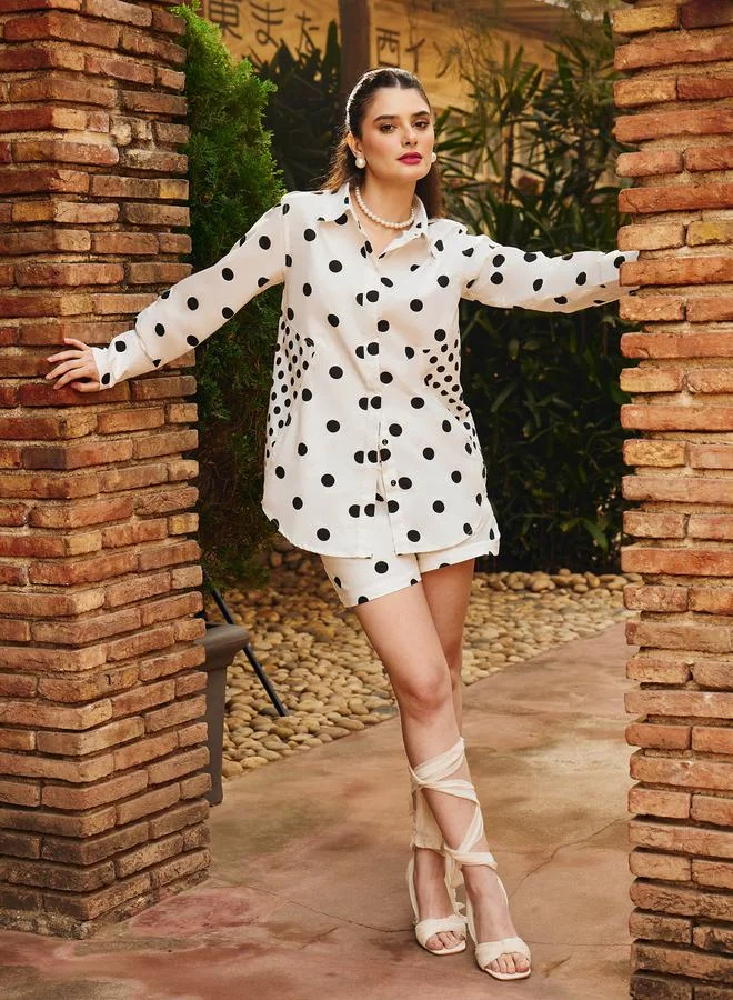 SASSAFRAS White Cotton Polka Dot Shirt and Shorts Co-Ords