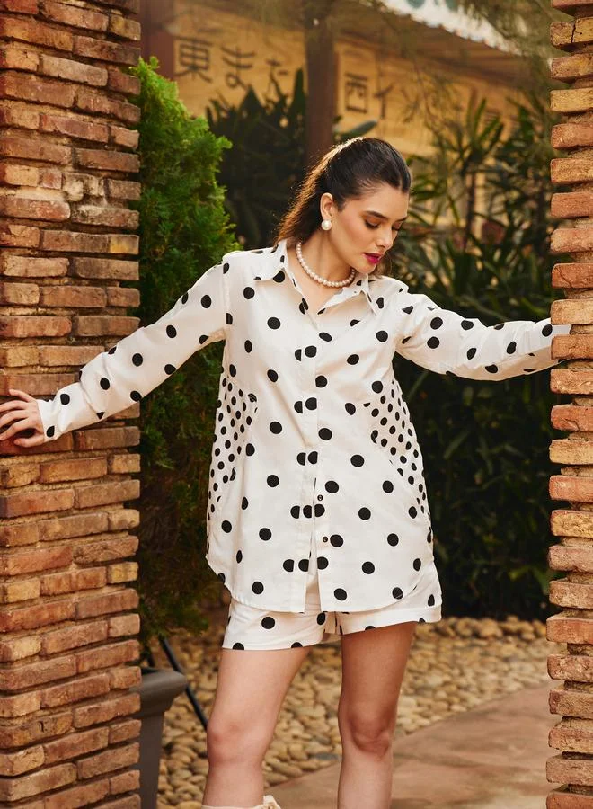 SASSAFRAS White Cotton Polka Dot Shirt and Shorts Co-Ords