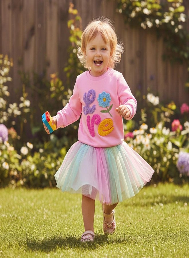 Honganda Toddler Baby Girl Valentine's Day Outfit Love Flower Embroidery Pullover Sweatshirt with Tutu Skirt 2Pcs Clothes Set (Pink, 2-3T) - Image 3
