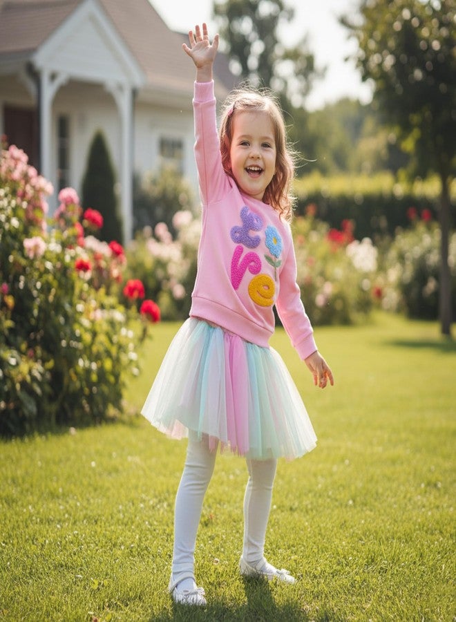 Honganda Toddler Baby Girl Valentine's Day Outfit Love Flower Embroidery Pullover Sweatshirt with Tutu Skirt 2Pcs Clothes Set (Pink, 2-3T) - Image 4