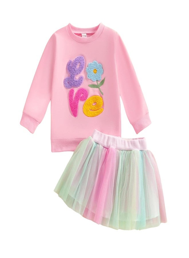 Honganda Toddler Baby Girl Valentine's Day Outfit Love Flower Embroidery Pullover Sweatshirt with Tutu Skirt 2Pcs Clothes Set (Pink, 2-3T) - Image 1