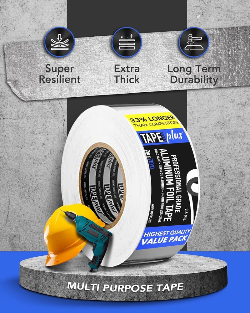 TapePlus Aluminum Foil Tape - HVAC & Ductwork Sealing with HVAC Tape - Metal Ductwork Insulation & Moisture Protection - Heat-Resistant Performance to 250°F - 2 in x 70 yd, Pack of 1, Silver - Image 4