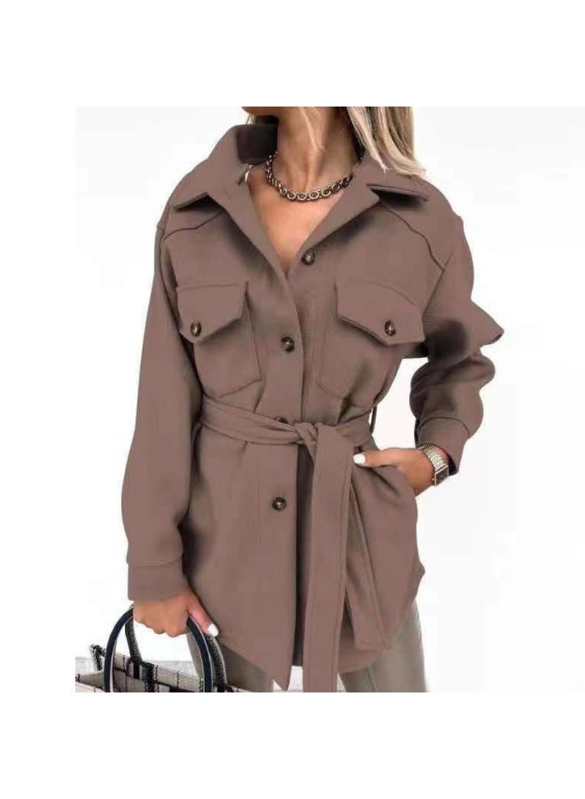 Source Direct European And American Women's Clothing Autumn And Winter New Fashion Solid Color Single-breasted Lace Waist Wool Coat Women