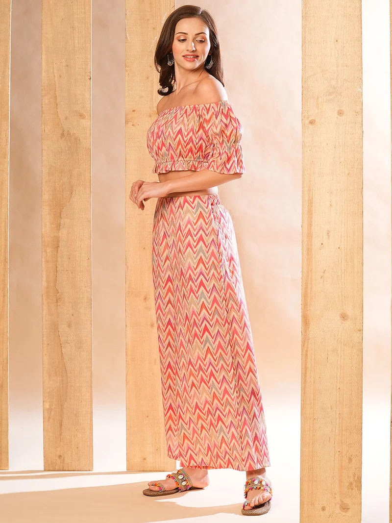 globus Globus Women Pink Geometric Printed Crop Top With Palazzo