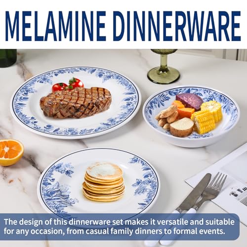 Lechoo Melamine Dinnerware Sets-12pcs Floral Dinnerware Set Service for 4, Blue White Plates and Bowls Sets, Dishwasher Safe, Break-resistant, Outdoor Camping Picnics Use, Reusable, Traditional Flower - Image 5
