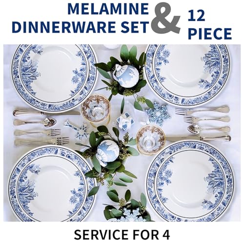 Lechoo Melamine Dinnerware Sets-12pcs Floral Dinnerware Set Service for 4, Blue White Plates and Bowls Sets, Dishwasher Safe, Break-resistant, Outdoor Camping Picnics Use, Reusable, Traditional Flower - Image 4
