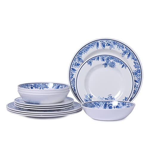 Lechoo Melamine Dinnerware Sets-12pcs Floral Dinnerware Set Service for 4, Blue White Plates and Bowls Sets, Dishwasher Safe, Break-resistant, Outdoor Camping Picnics Use, Reusable, Traditional Flower - Image 1