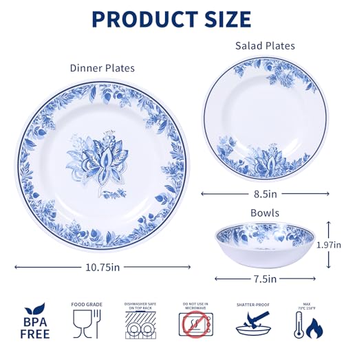 Lechoo Melamine Dinnerware Sets-12pcs Floral Dinnerware Set Service for 4, Blue White Plates and Bowls Sets, Dishwasher Safe, Break-resistant, Outdoor Camping Picnics Use, Reusable, Traditional Flower - Image 3