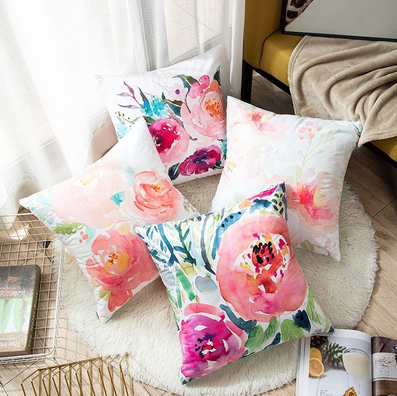 KASTWAVE Budget global standard quality Throw Pillow Covers, Set of 4 Peonies Summer Watercolor Floral Throw Pillow Covers Decorative Pillow Cases for Sofa Couch Living Room Outdoor (45 * 45 cm) Lightweight - Image 3