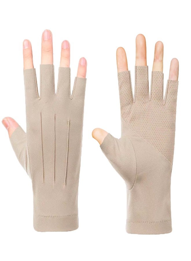 ZARSIO Men Summer Fingerless Gloves Lightweight Half Finger Sunblock Gloves for Outdoor Hiking Driving Cycling (Khaki) - Image 1