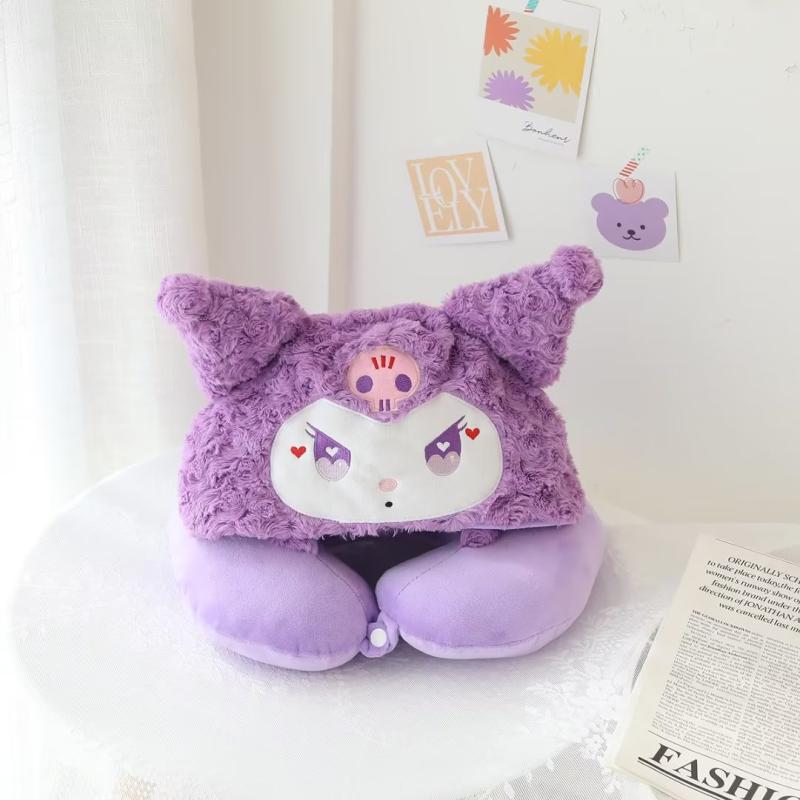 Cartoon Cute Rose Velvet Hooded U-Shaped Travel Pillow Little Devil rose velvet hooded U pillow